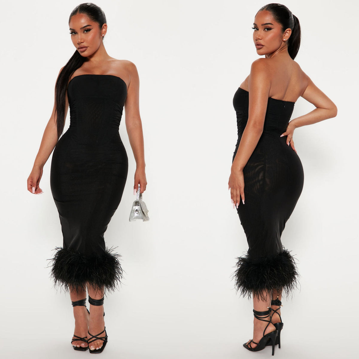 Black Feather Strapless Bandage Dress