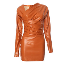 Load image into Gallery viewer, Orange Leather Pleated Mini Dress
